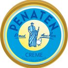 Topaanzicht van een Penaten crème blik met het handelsmerk blauw en geel design, beschermer, kind en lam afbeelding.