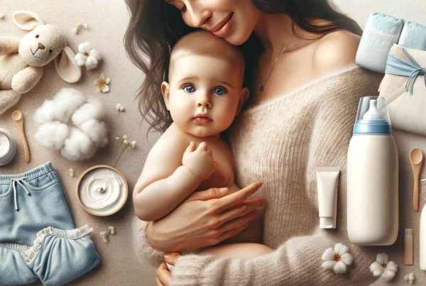 Moeder met baby en babyverzorgingsproducten.